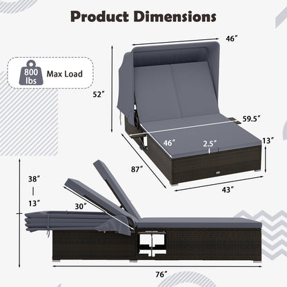 Patio Double Chaise Lounge with Shade Cushions and Folding Side Trays, Gray Outdoor Chaise Lounges at Gallery Canada