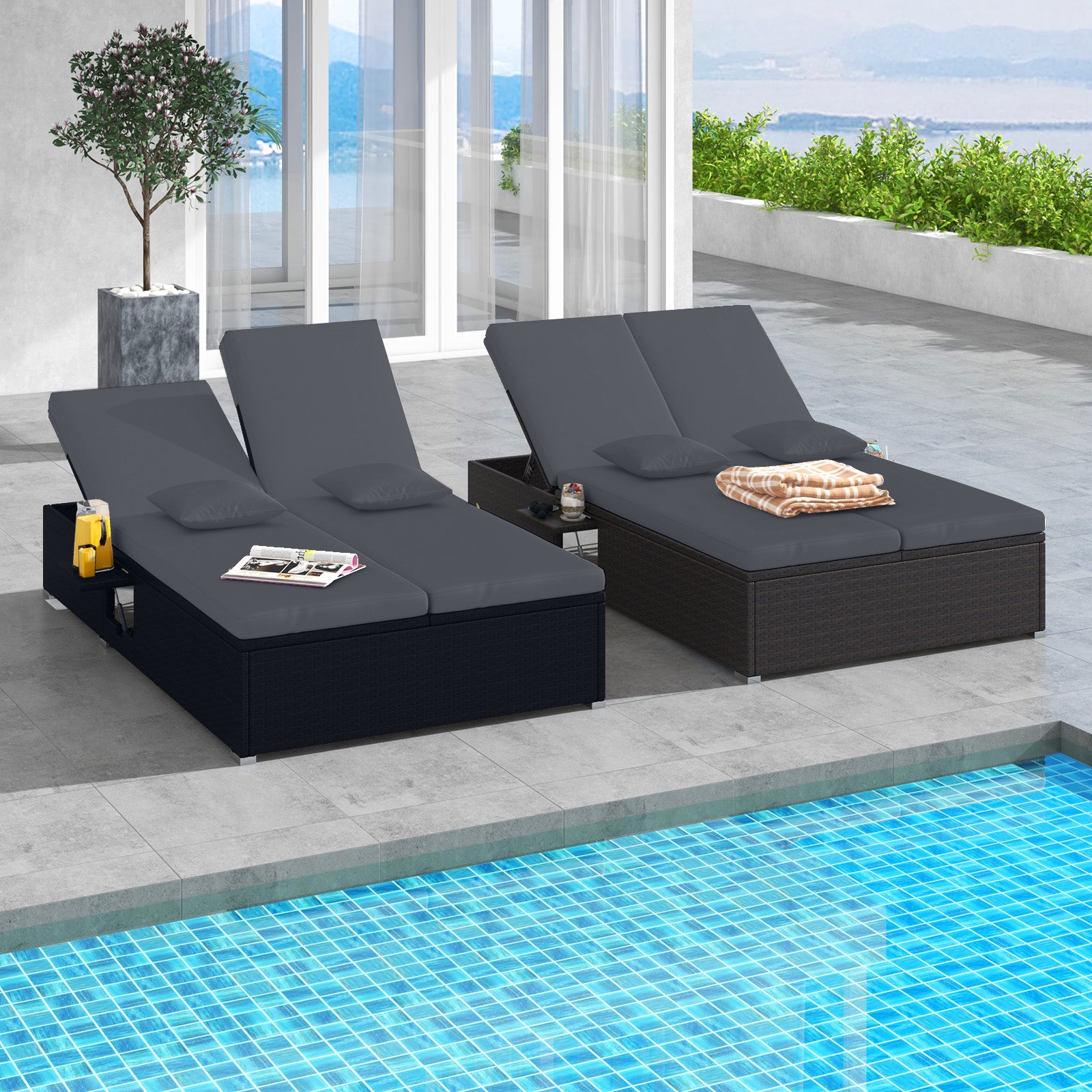 Patio Double Chaise Lounge with Cushions and Folding Side Trays, Gray Outdoor Chaise Lounges at Gallery Canada