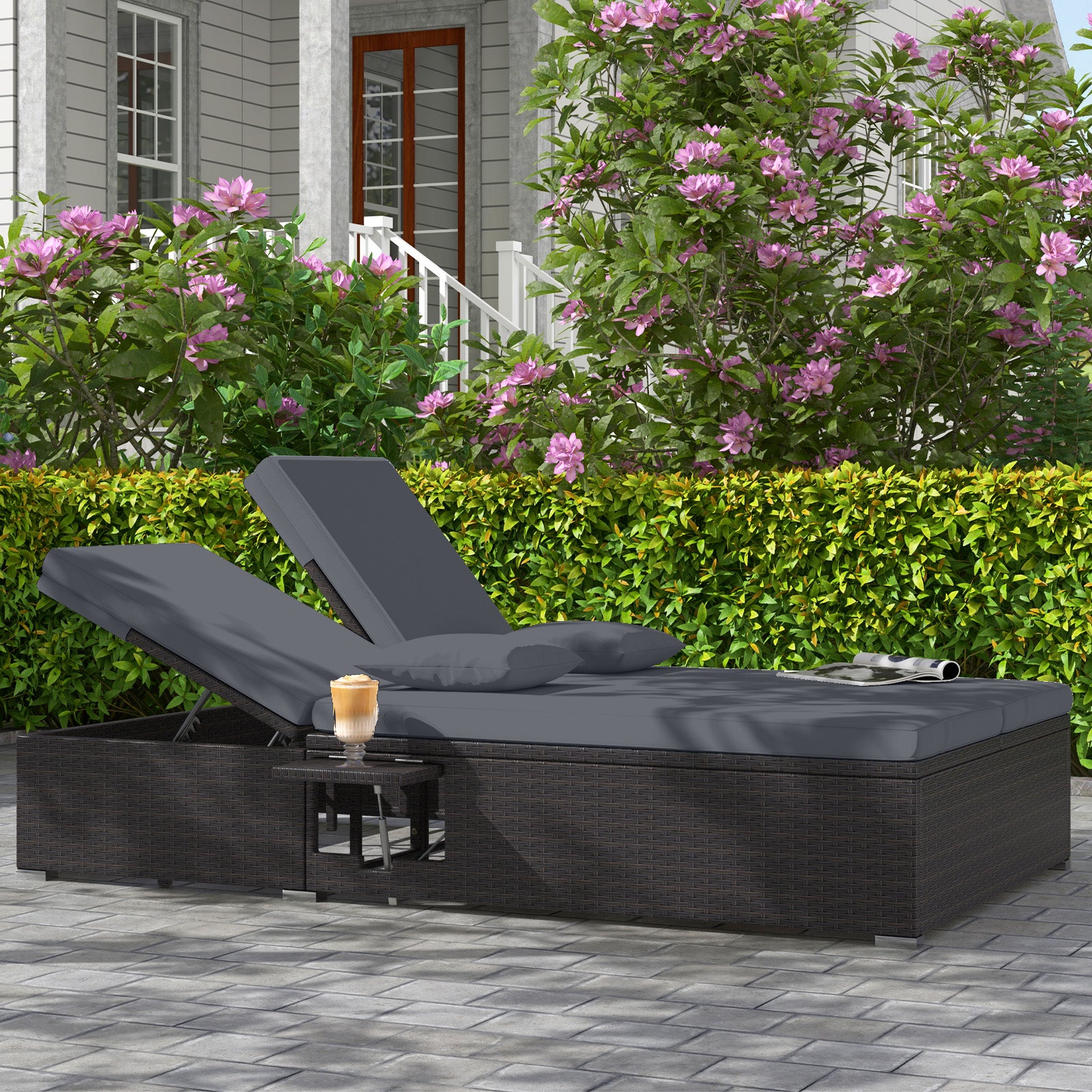 Patio Double Chaise Lounge with Cushions and Folding Side Trays, Gray Outdoor Chaise Lounges at Gallery Canada