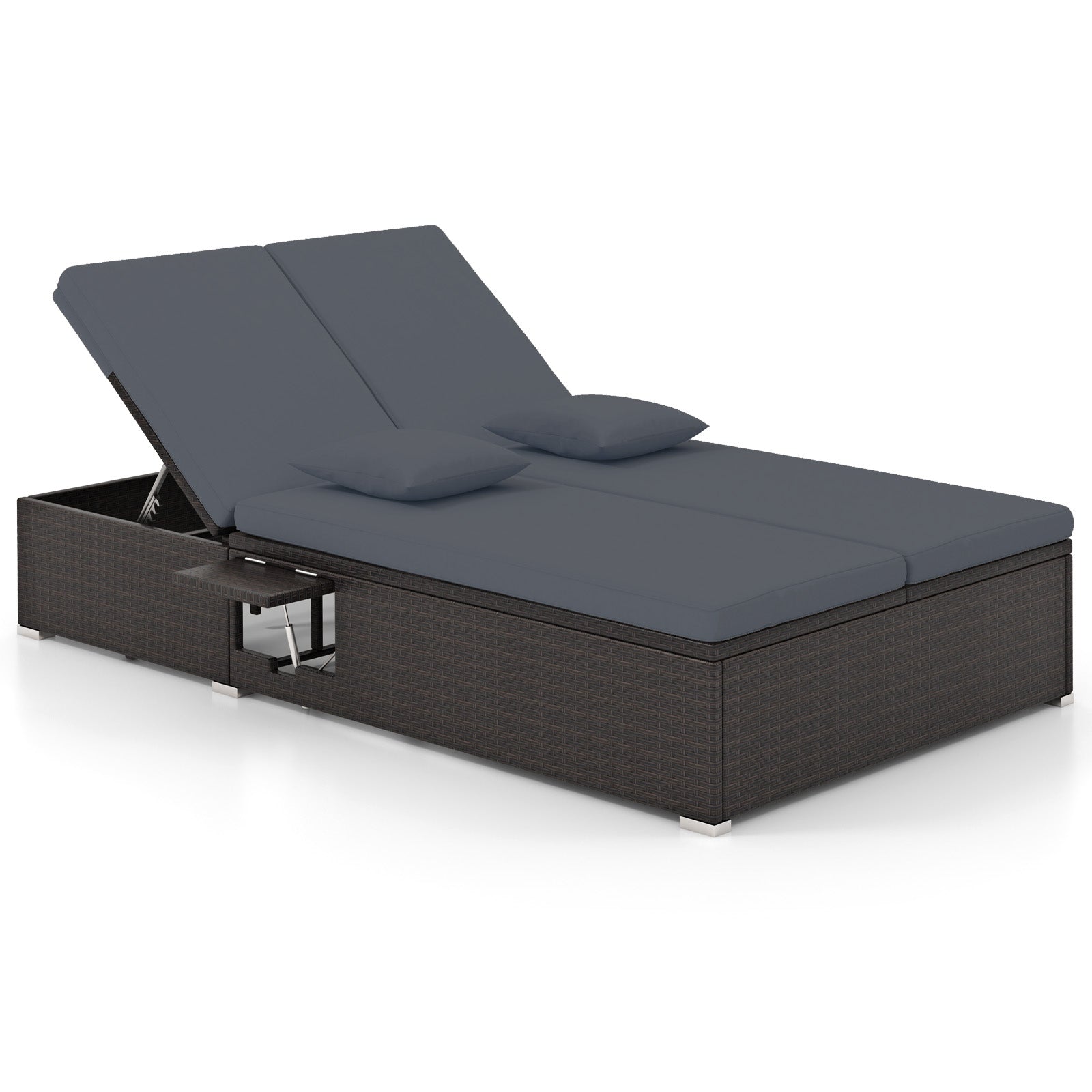Patio Double Chaise Lounge with Cushions and Folding Side Trays, Gray Outdoor Chaise Lounges Gray at Gallery Canada