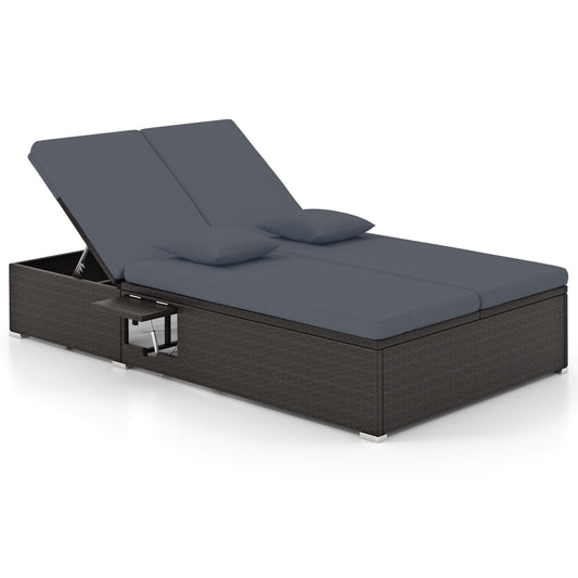 Patio Double Chaise Lounge with Cushions and Folding Side Trays, Gray Outdoor Chaise Lounges Gray at Gallery Canada