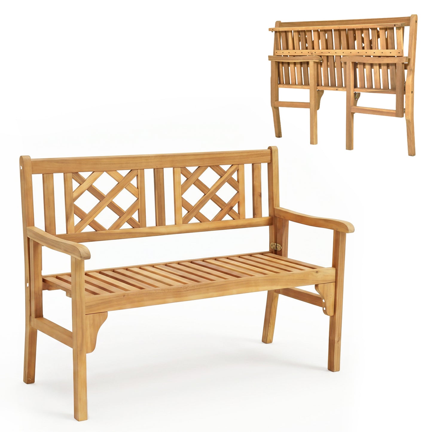 Patio Foldable Bench, Curved Backrest Armrest, Natural Outdoor Benches Natural at Gallery Canada