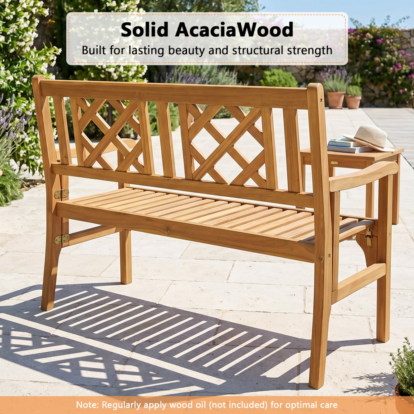Patio Foldable Bench, Curved Backrest Armrest, Natural Outdoor Benches at Gallery Canada