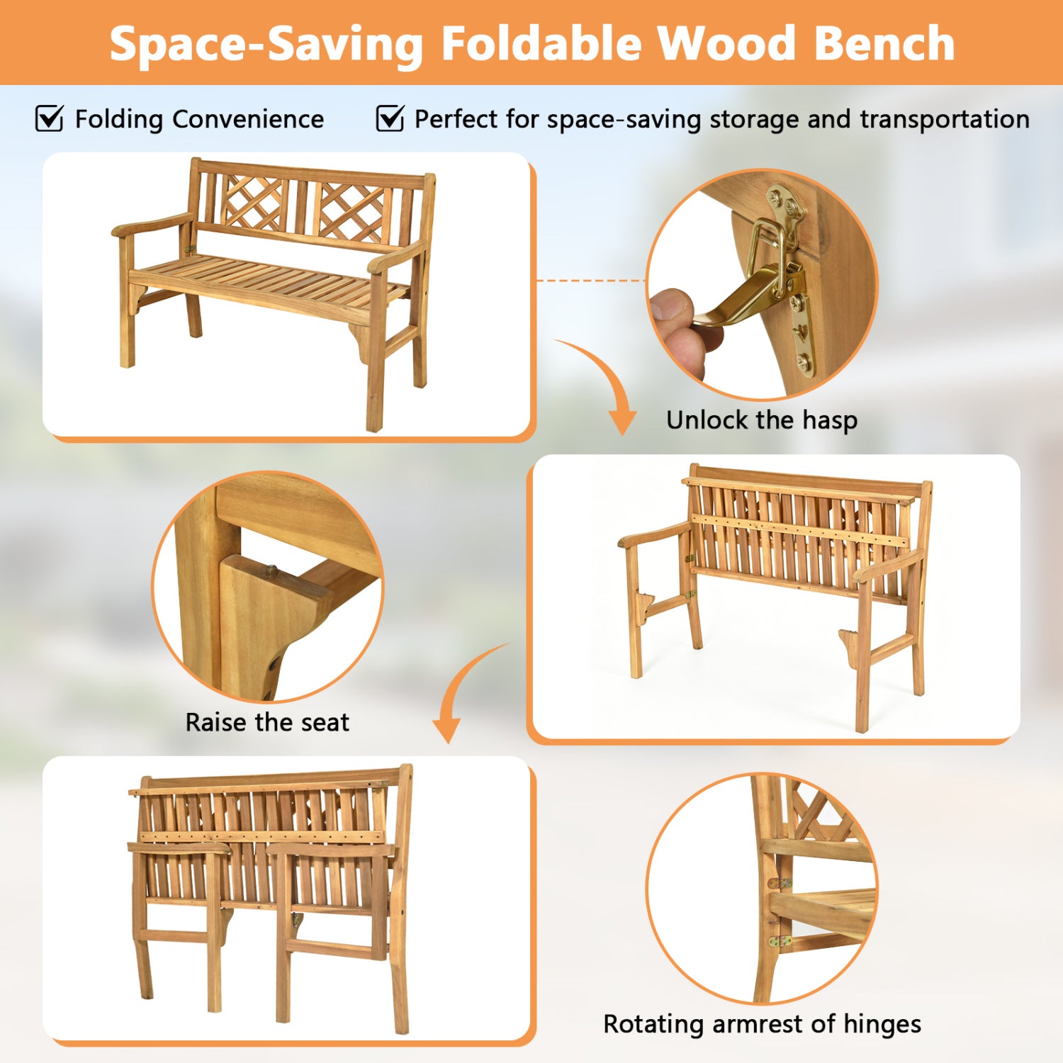 Patio Foldable Bench, Curved Backrest Armrest, Natural Outdoor Benches at Gallery Canada