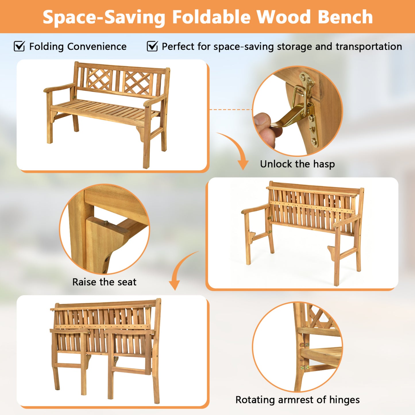 Patio Foldable Bench, Curved Backrest Armrest, Natural Outdoor Benches at Gallery Canada