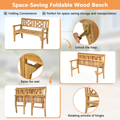 Patio Foldable Bench, Curved Backrest Armrest, Natural Outdoor Benches at Gallery Canada