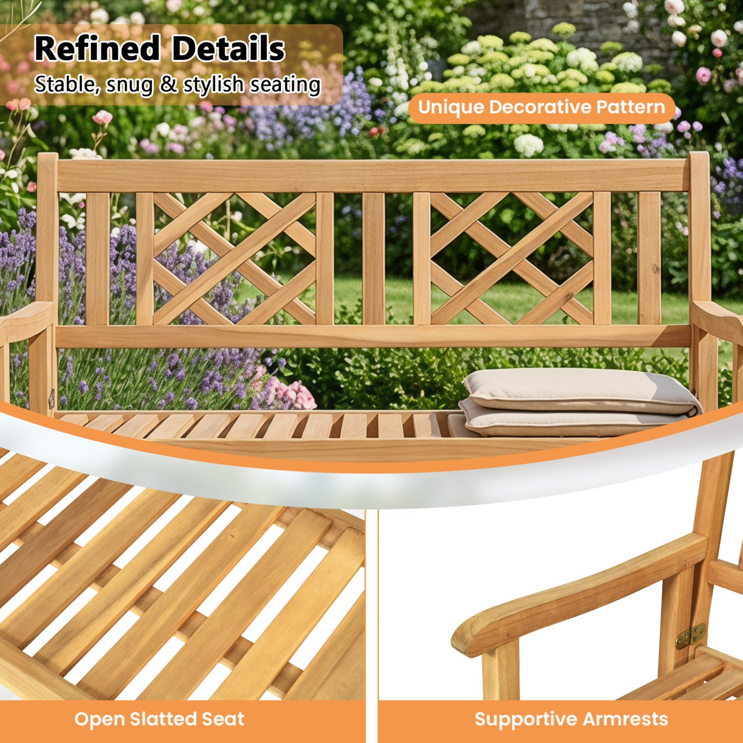 Patio Foldable Bench, Curved Backrest Armrest, Natural Outdoor Benches at Gallery Canada