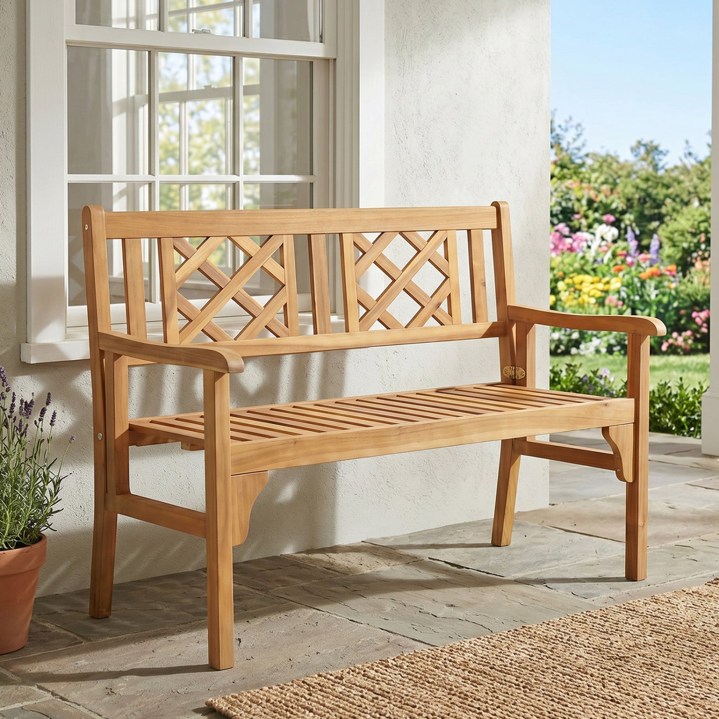 Patio Foldable Bench, Curved Backrest Armrest, Natural Outdoor Benches at Gallery Canada