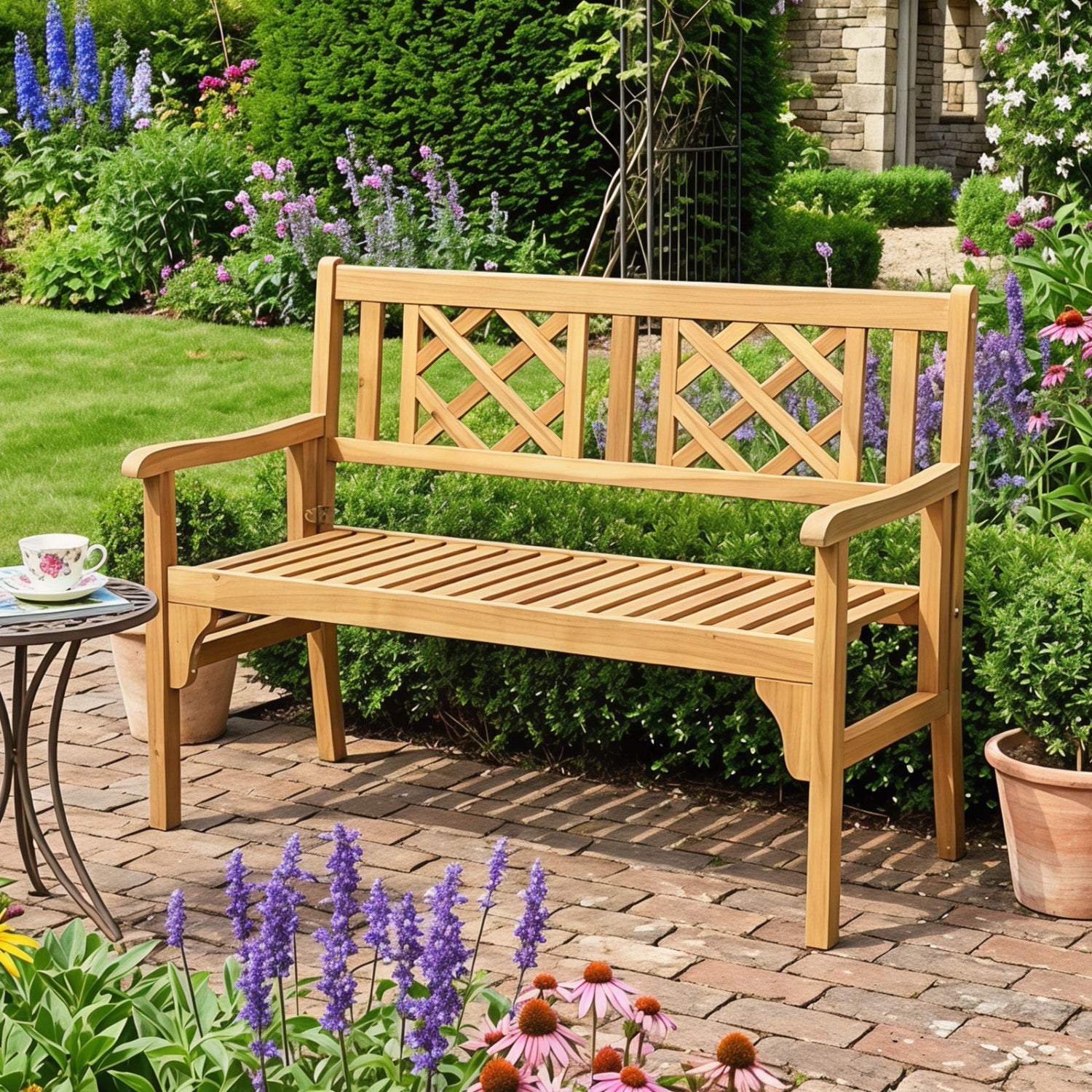 Patio Foldable Bench, Curved Backrest Armrest, Natural Outdoor Benches at Gallery Canada