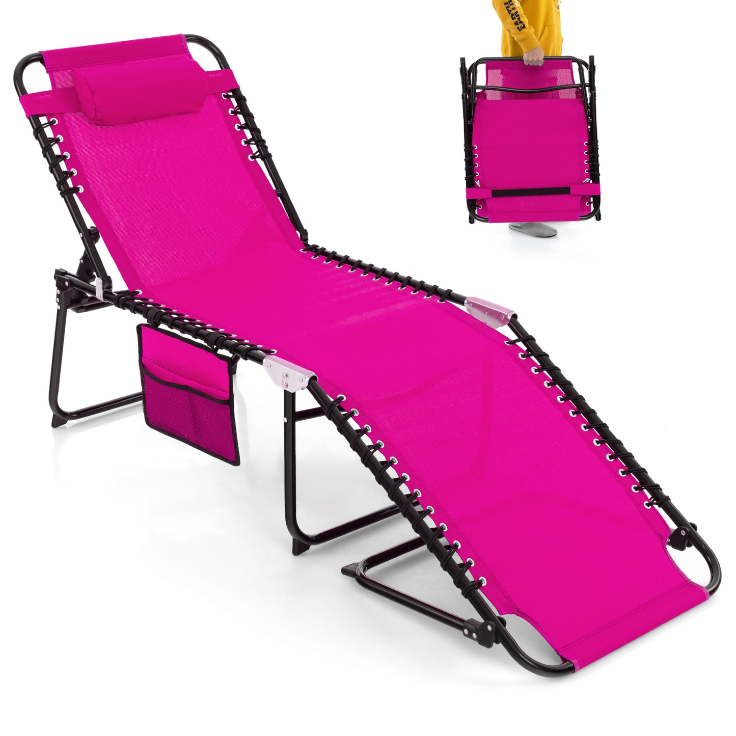 Foldable Recline Lounge Chair, Adjustable Backrest, Footrest, Pink Outdoor Chaise Lounges Pink at Gallery Canada