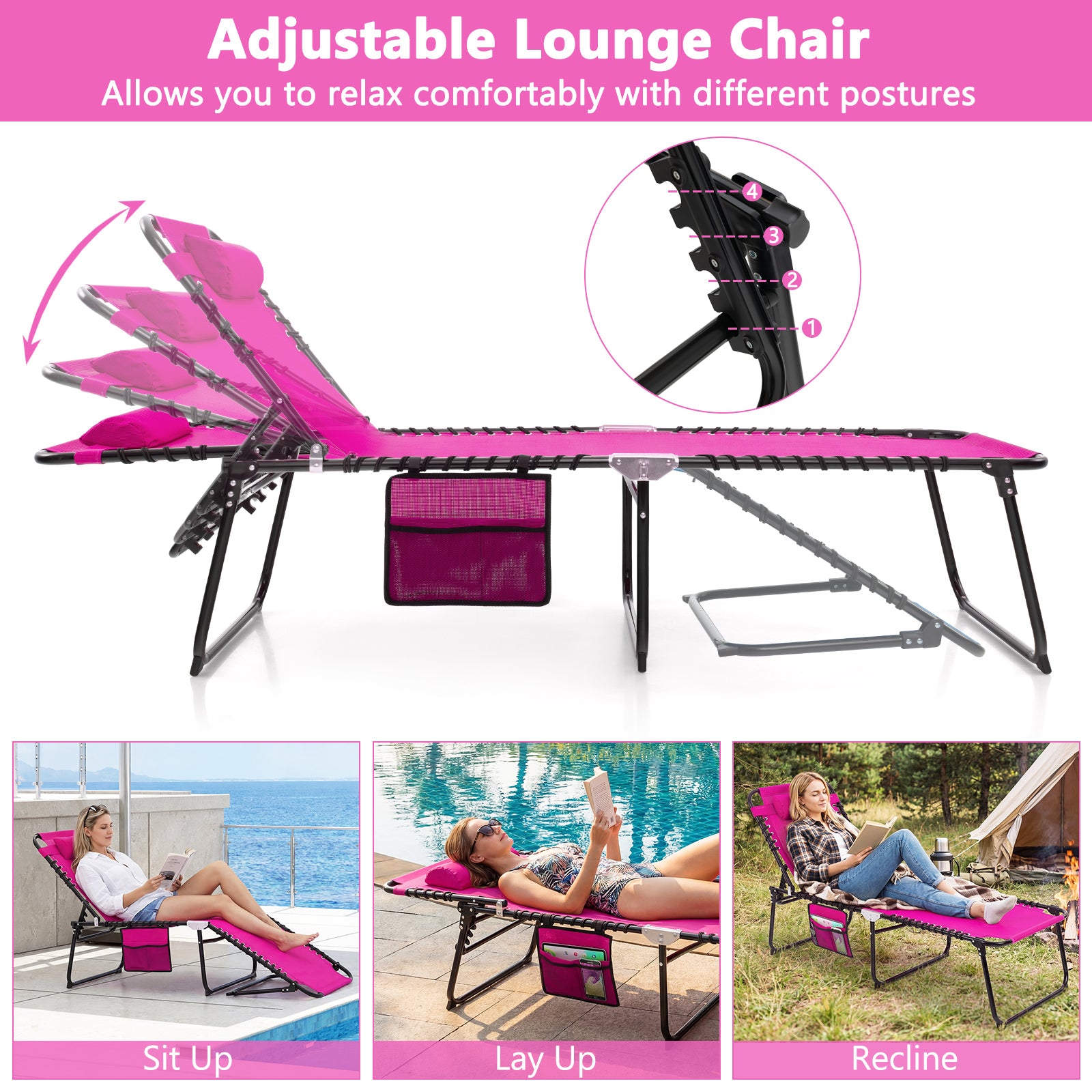 Foldable Recline Lounge Chair, Adjustable Backrest, Footrest, Pink Outdoor Chaise Lounges at Gallery Canada