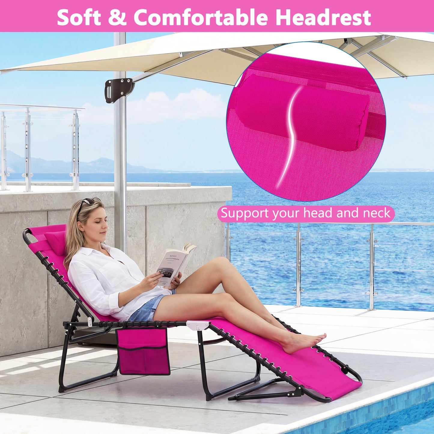 Foldable Recline Lounge Chair, Adjustable Backrest, Footrest, Pink Outdoor Chaise Lounges at Gallery Canada