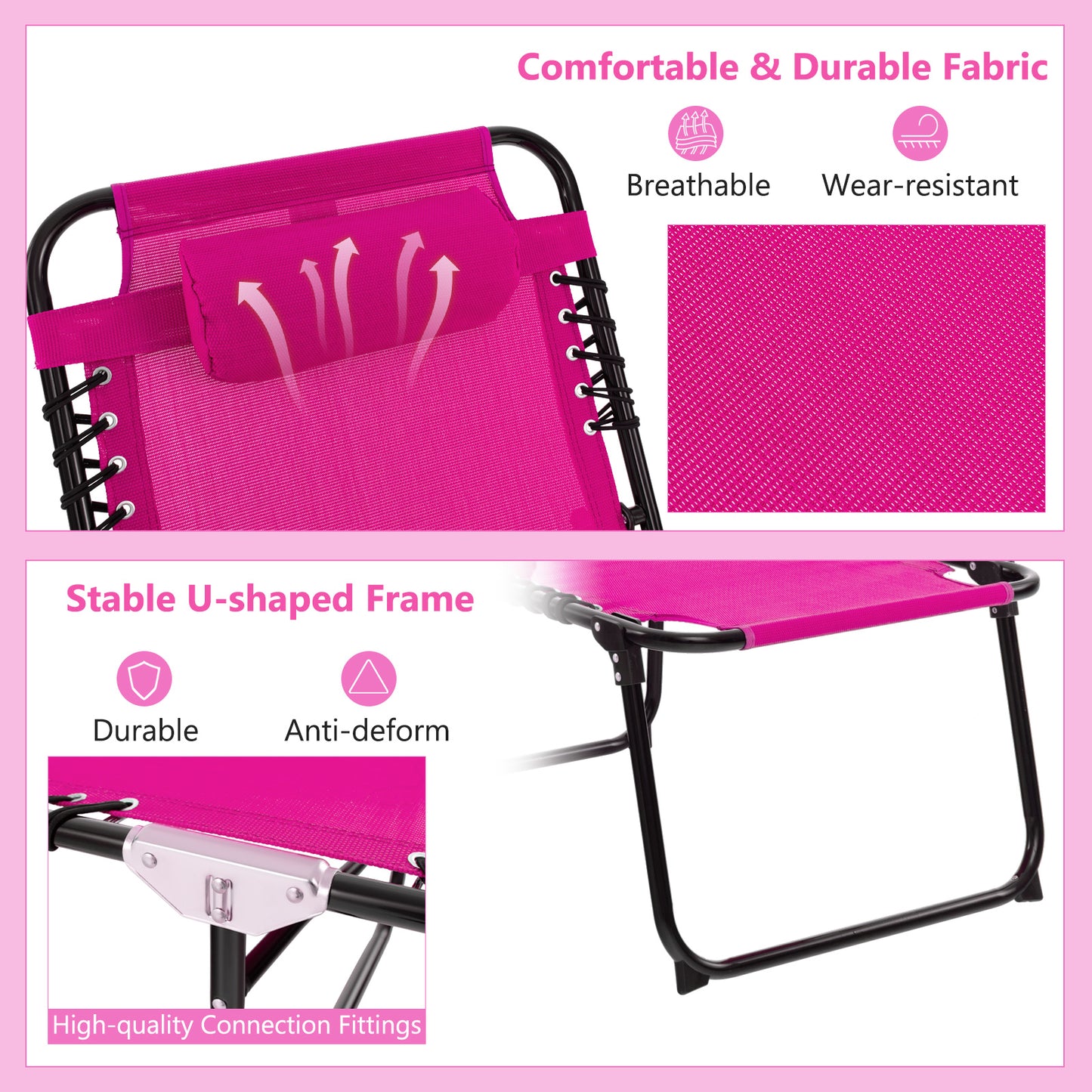 Foldable Recline Lounge Chair, Adjustable Backrest, Footrest, Pink Outdoor Chaise Lounges at Gallery Canada