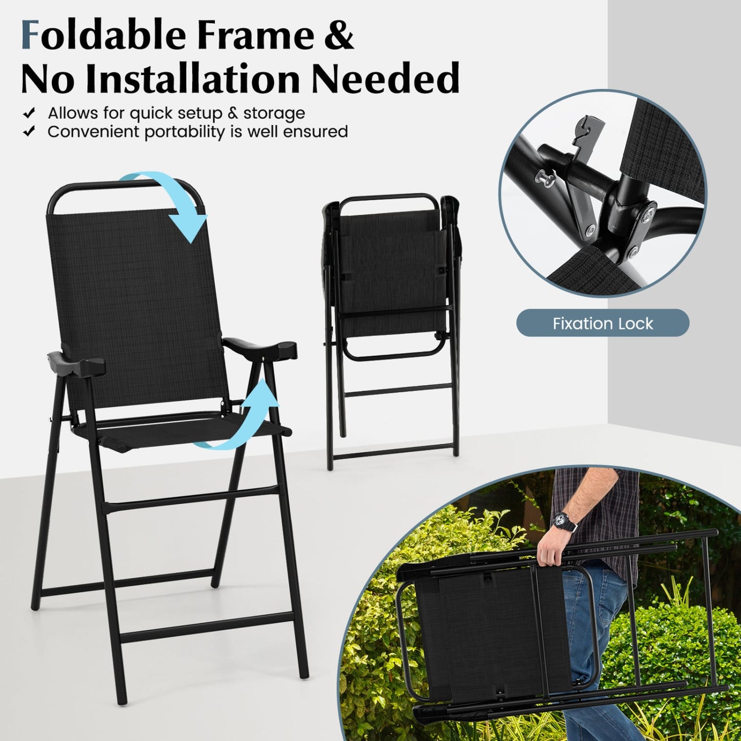 Tabouret de bar pliant pour patio, lot de 4, noir