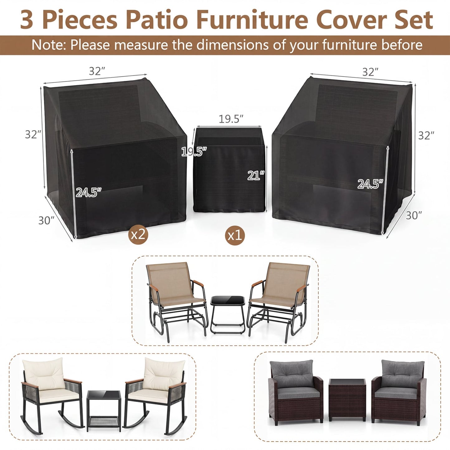 Housse de mobilier de patio imperméable pour ensemble de bistrot de 3 pièces, noir