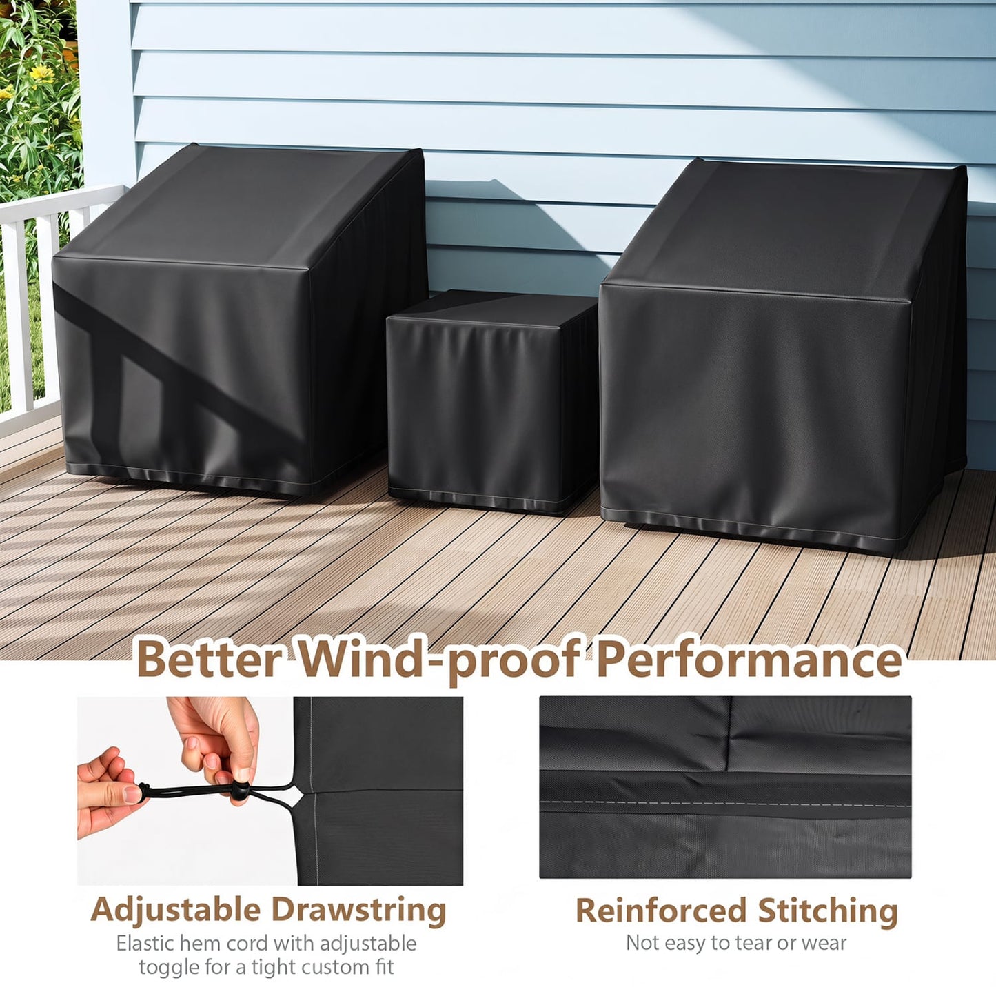 Housse de mobilier de patio imperméable pour ensemble de bistrot de 3 pièces, noir