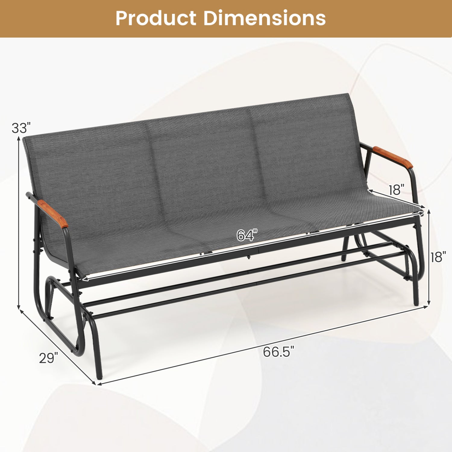 Patio Glider Bench, Curved Teak Armrests, Fabric Seat, 3 Person, Gray Patio Rocking Chairs & Gliders at Gallery Canada