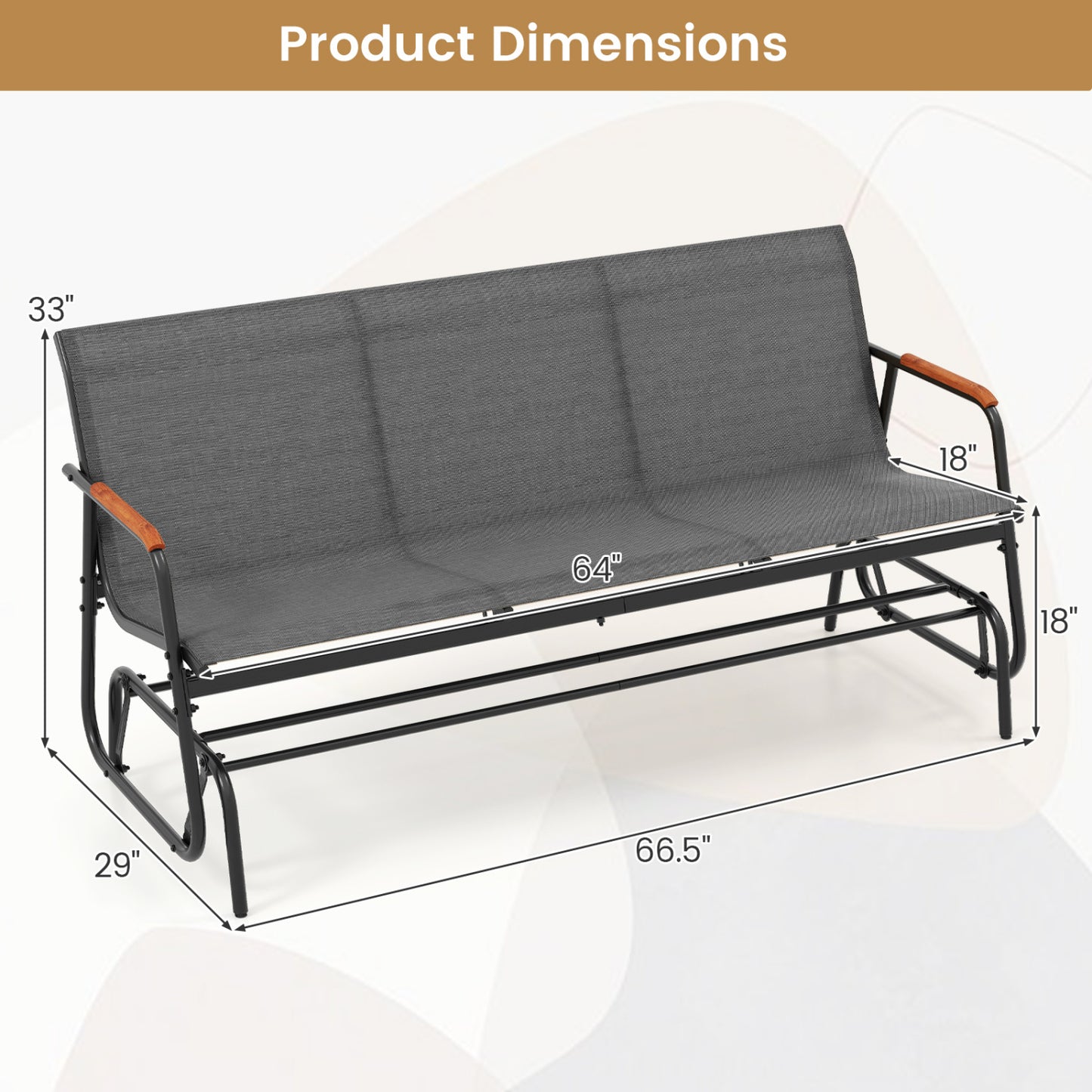 Patio Glider Bench, Curved Teak Armrests, Fabric Seat, 3 Person, Gray Patio Rocking Chairs & Gliders at Gallery Canada