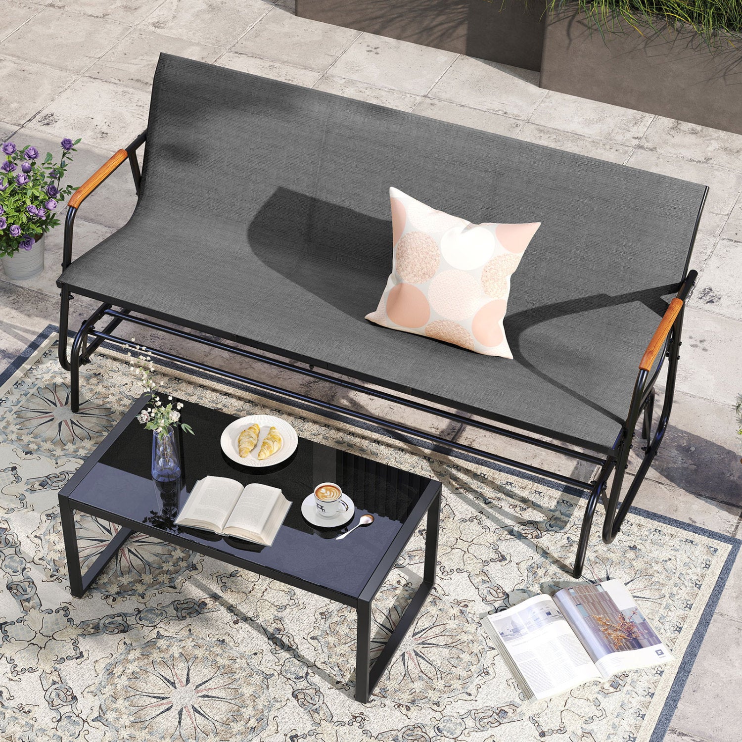 Patio Glider Bench, Curved Teak Armrests, Fabric Seat, 3 Person, Gray Patio Rocking Chairs & Gliders at Gallery Canada