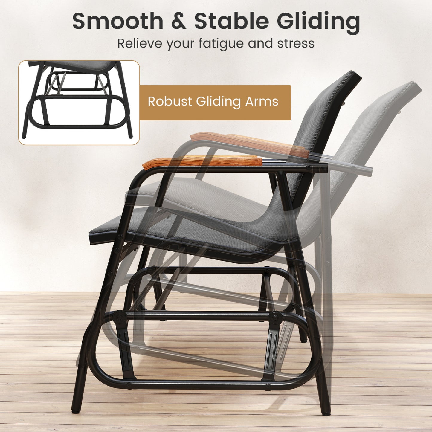 Patio Glider Bench, Curved Teak Armrests, Fabric Seat, 3 Person, Gray Patio Rocking Chairs & Gliders at Gallery Canada