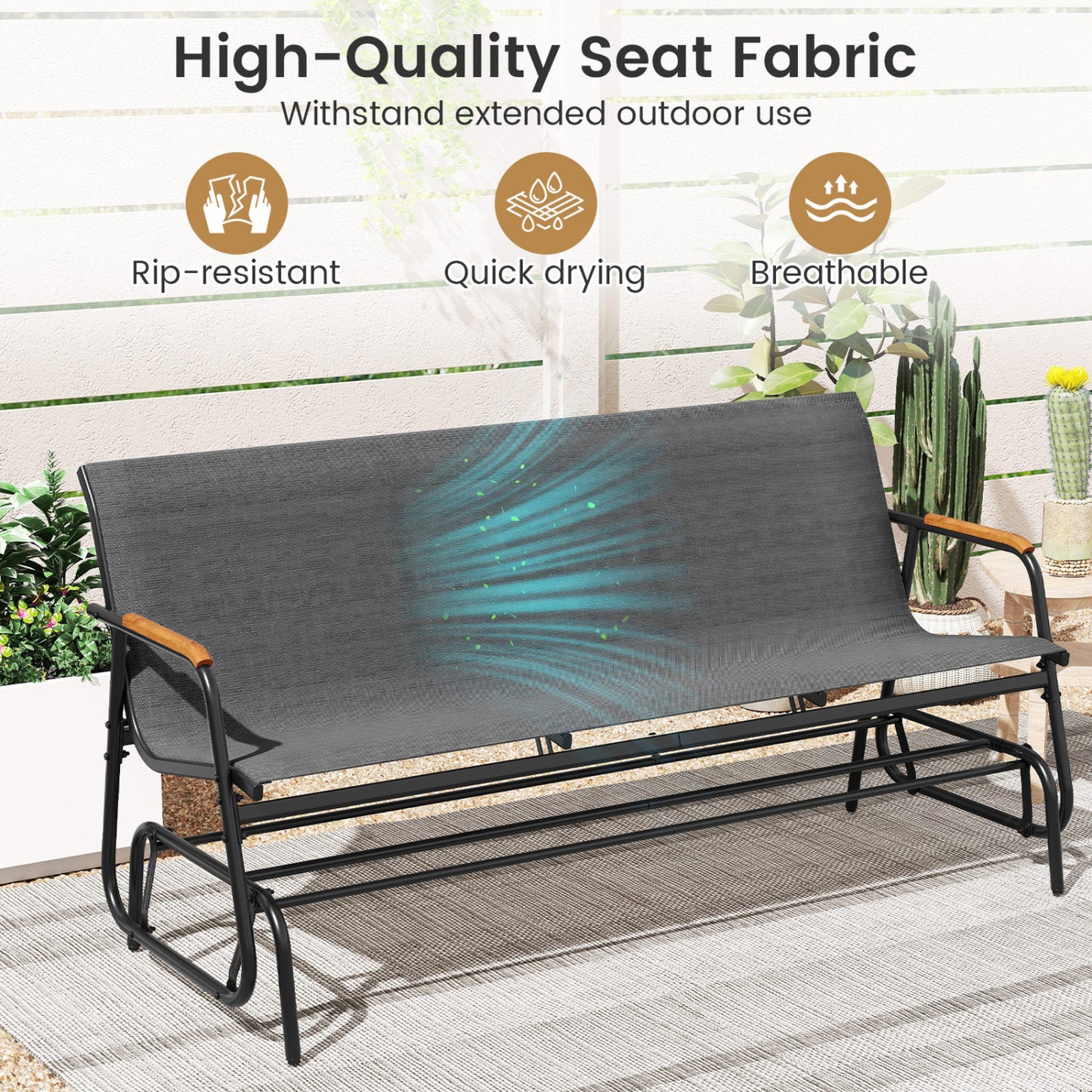 Patio Glider Bench, Curved Teak Armrests, Fabric Seat, 3 Person, Gray Patio Rocking Chairs & Gliders at Gallery Canada