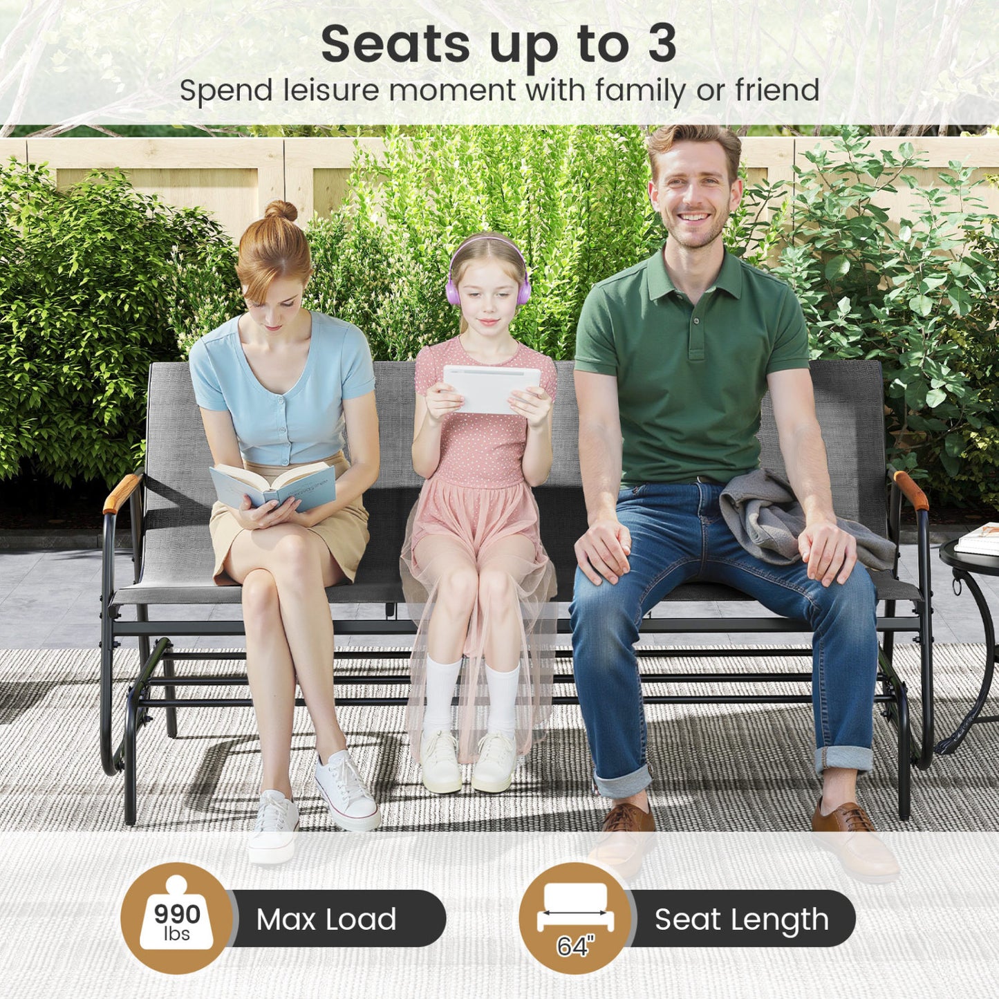 Patio Glider Bench, Curved Teak Armrests, Fabric Seat, 3 Person, Gray Patio Rocking Chairs & Gliders at Gallery Canada