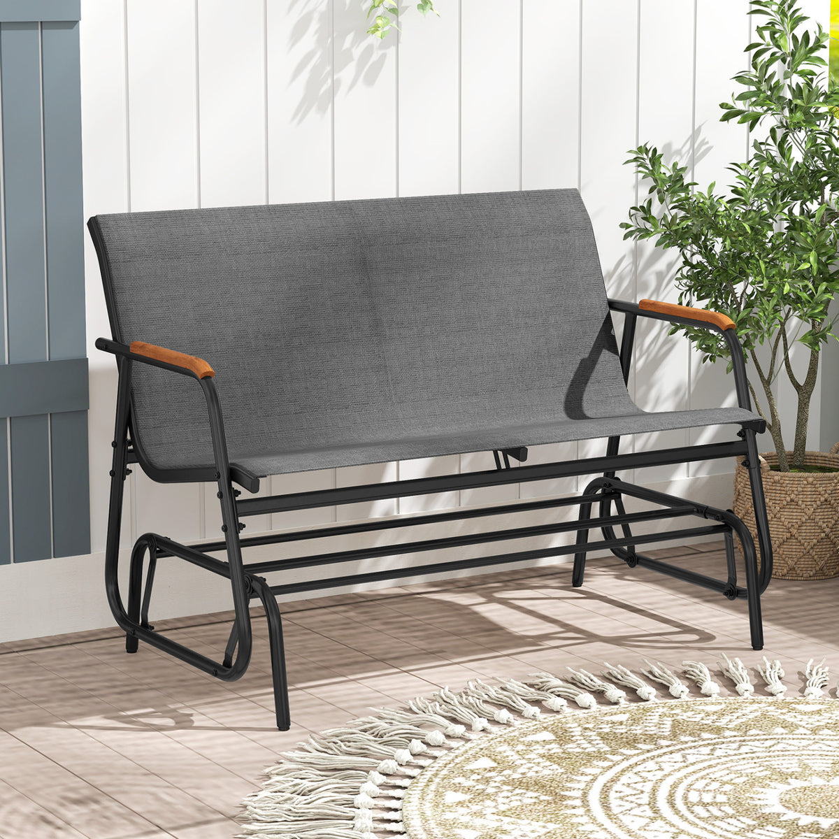 Patio Glider Bench with Curved Teak Armrests and Breathable Fabric Seat for 2 People, Gray Patio Rocking Chairs & Gliders at Gallery Canada