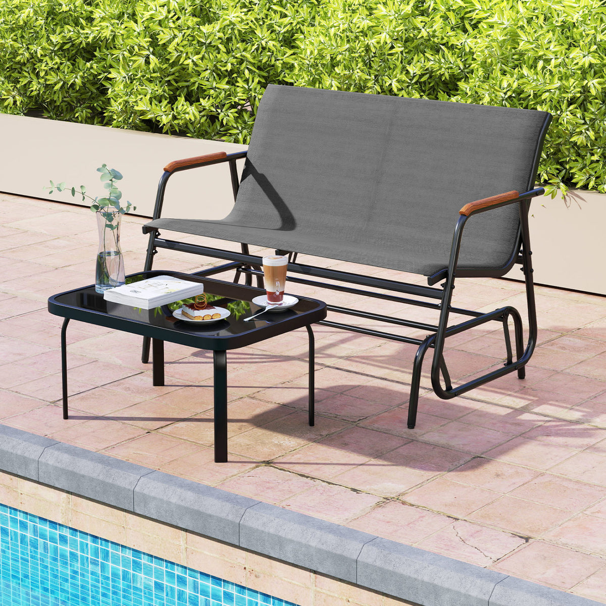 Patio Glider Bench with Curved Teak Armrests and Breathable Fabric Seat for 2 People, Gray Patio Rocking Chairs & Gliders at Gallery Canada