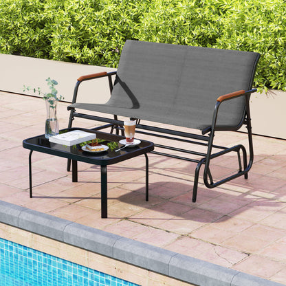 Patio Glider Bench with Curved Teak Armrests and Breathable Fabric Seat for 2 People, Gray Patio Rocking Chairs & Gliders at Gallery Canada