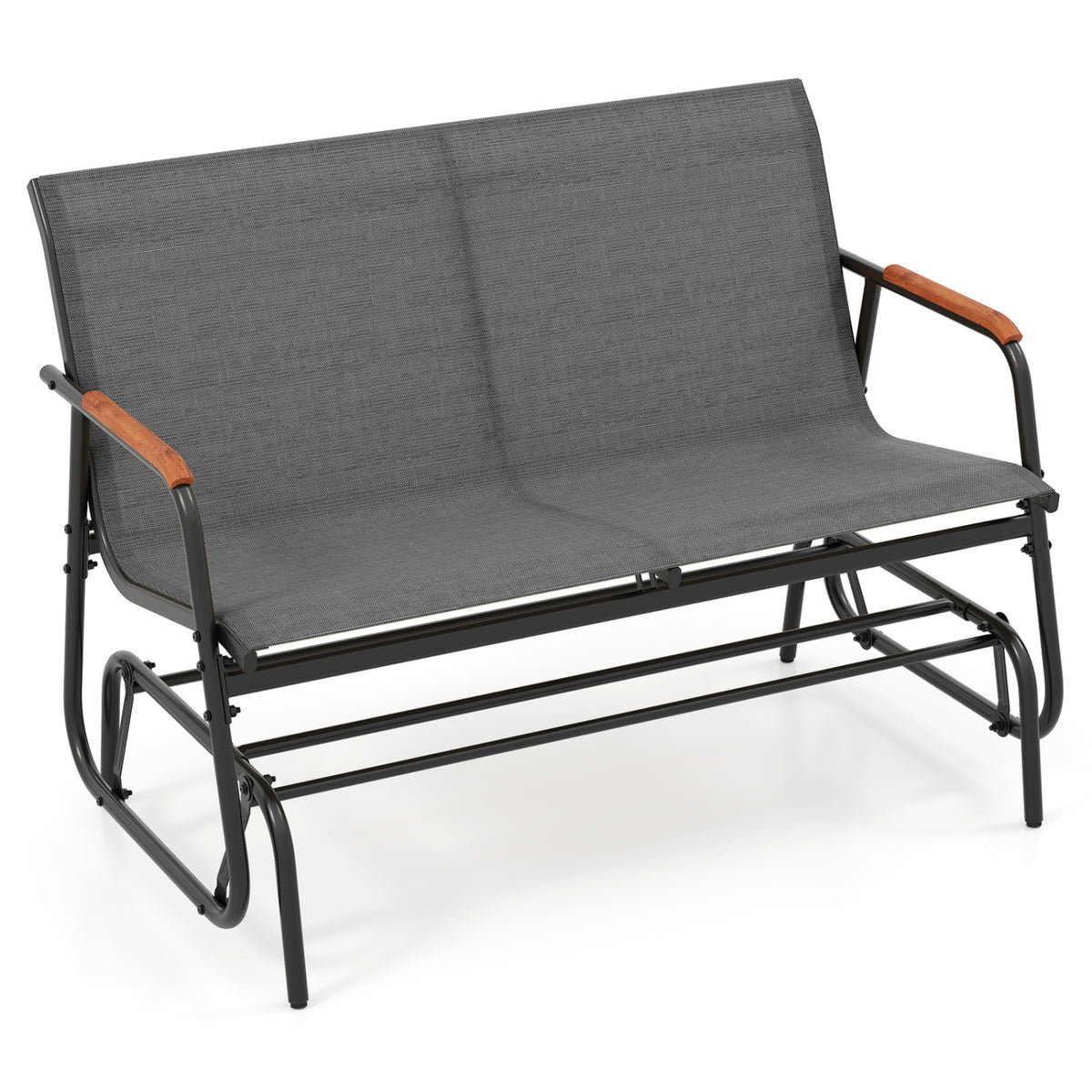 Patio Glider Bench with Curved Teak Armrests and Breathable Fabric Seat for 2 People, Gray Patio Rocking Chairs & Gliders Gray at Gallery Canada