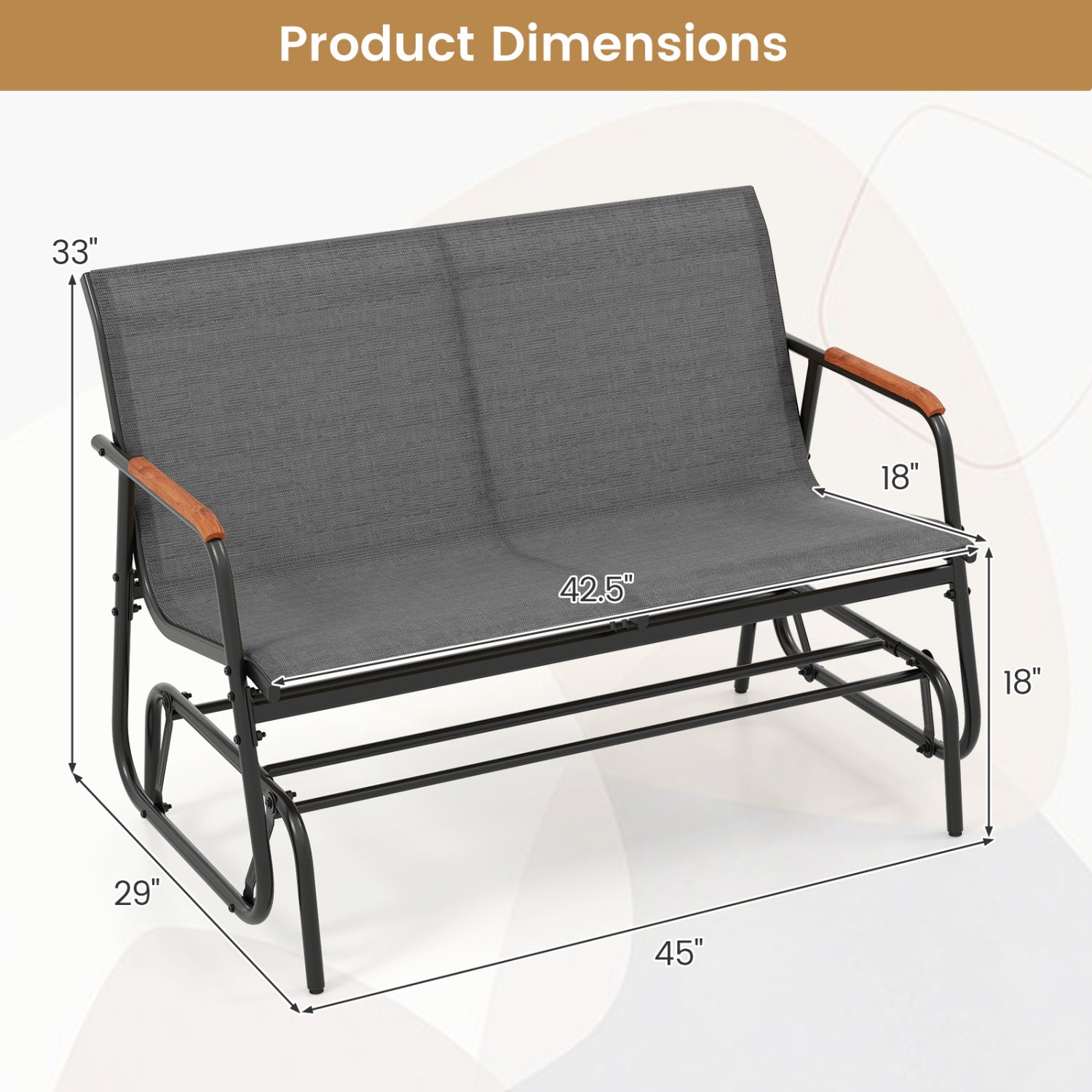 Patio Glider Bench with Curved Teak Armrests and Breathable Fabric Seat for 2 People, Gray Patio Rocking Chairs & Gliders at Gallery Canada