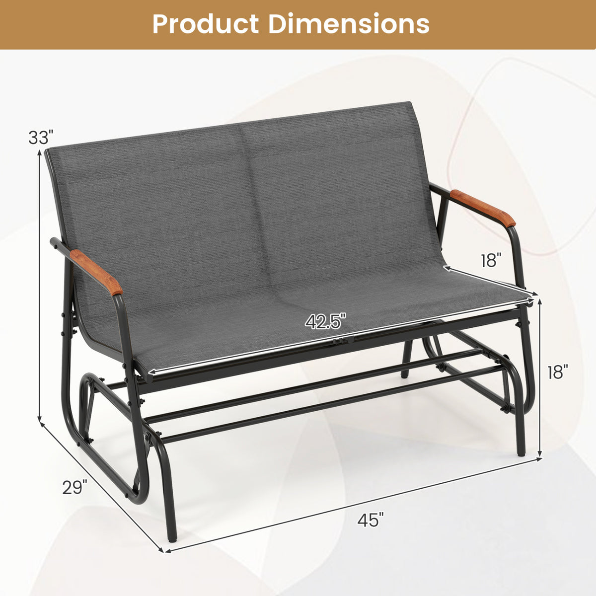 Patio Glider Bench with Curved Teak Armrests and Breathable Fabric Seat for 2 People, Gray Patio Rocking Chairs & Gliders at Gallery Canada
