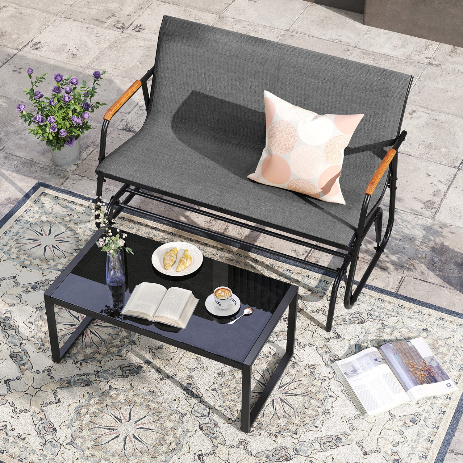 Patio Glider Bench with Curved Teak Armrests and Breathable Fabric Seat for 2 People, Gray Patio Rocking Chairs & Gliders at Gallery Canada