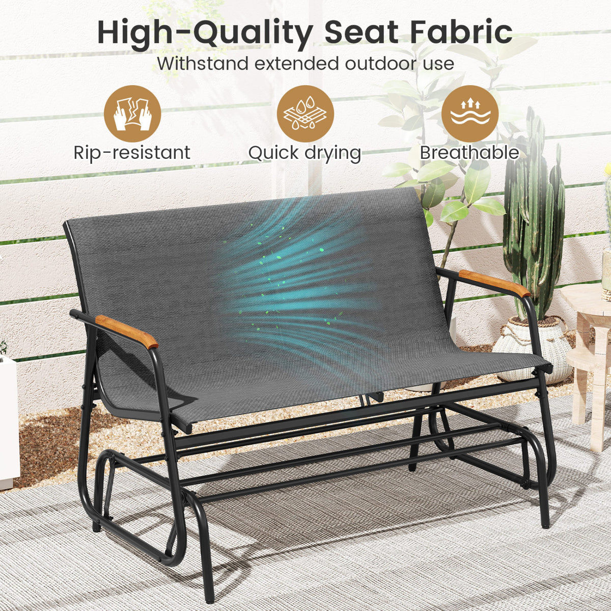 Patio Glider Bench with Curved Teak Armrests and Breathable Fabric Seat for 2 People, Gray Patio Rocking Chairs & Gliders at Gallery Canada