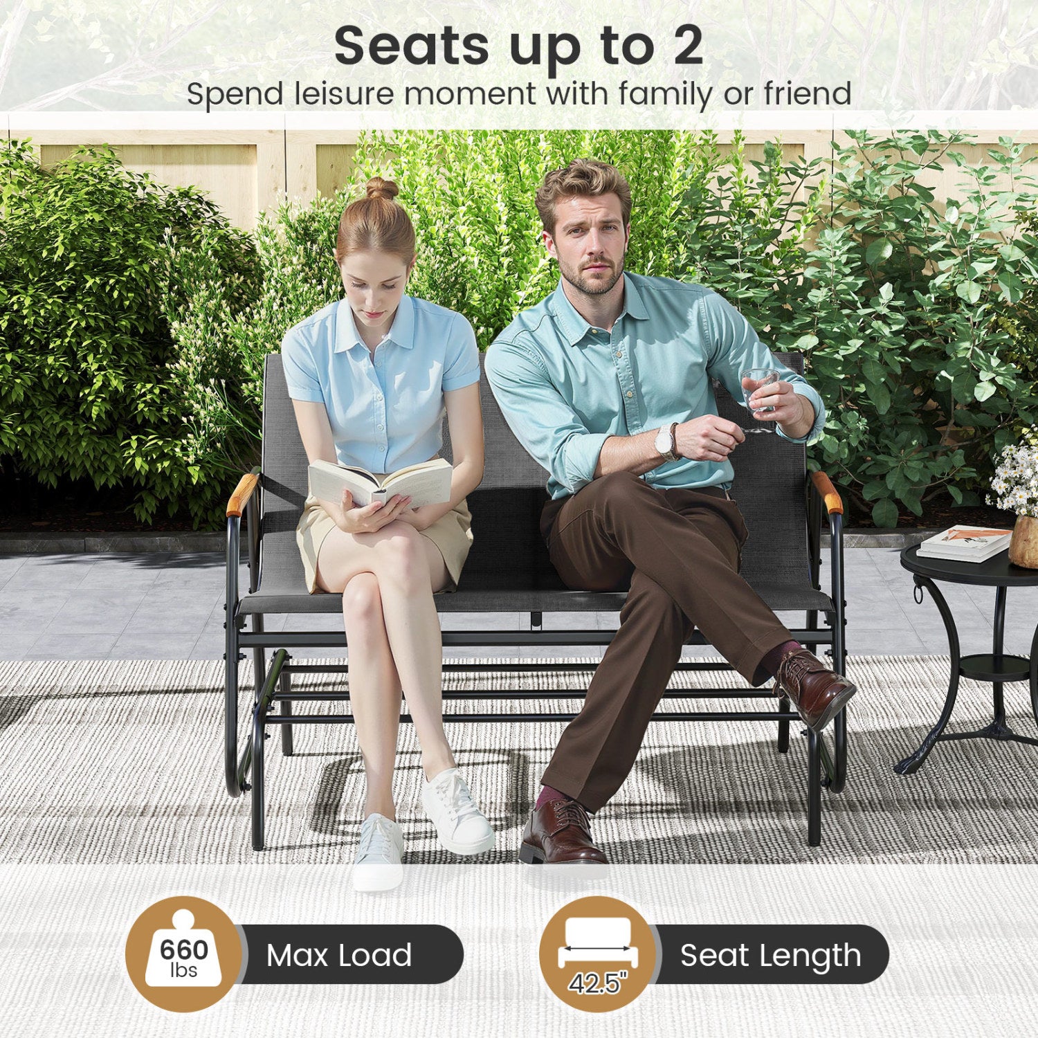 Patio Glider Bench with Curved Teak Armrests and Breathable Fabric Seat for 2 People, Gray Patio Rocking Chairs & Gliders at Gallery Canada