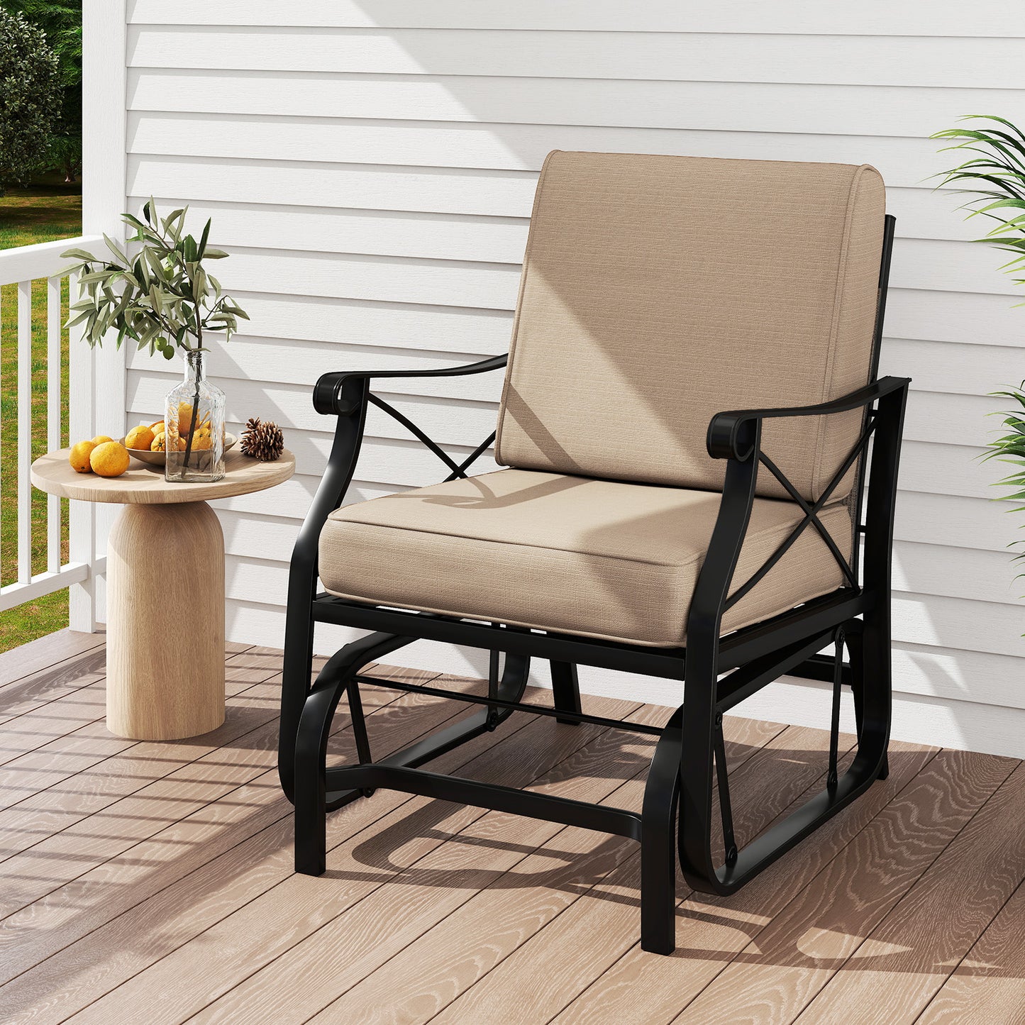 Patio Glider Rocking Chair with Metal Frame and Thick Cushions, Brown