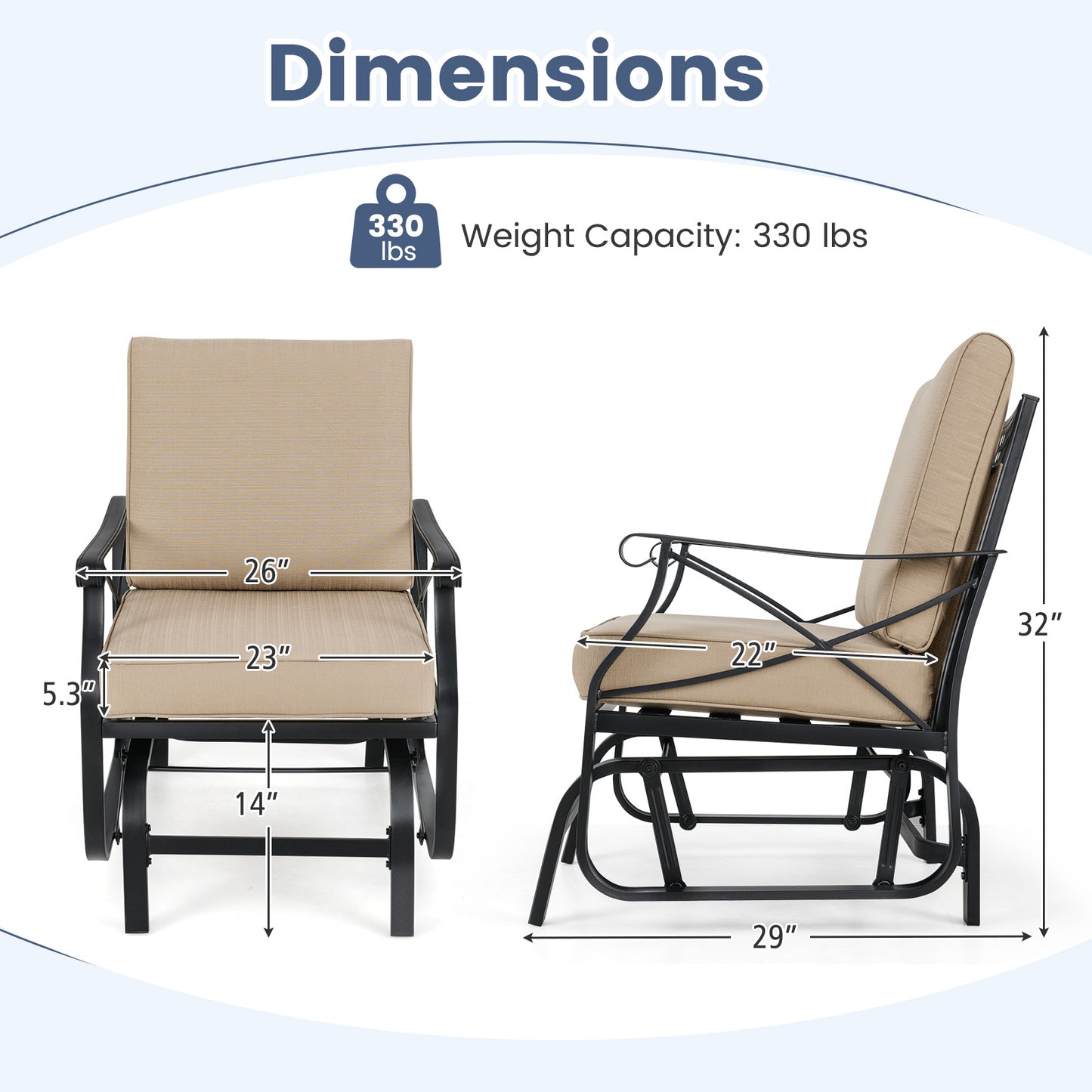 Patio Glider Rocking Chair with Metal Frame and Thick Cushions, Brown