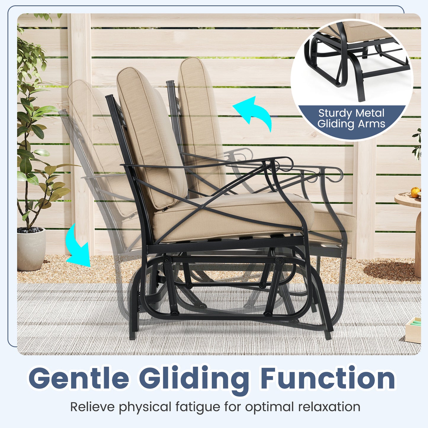 Patio Glider Rocking Chair with Metal Frame and Thick Cushions, Brown