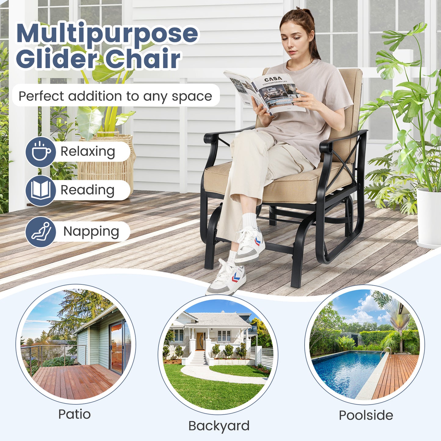 Patio Glider Rocking Chair with Metal Frame and Thick Cushions, Brown