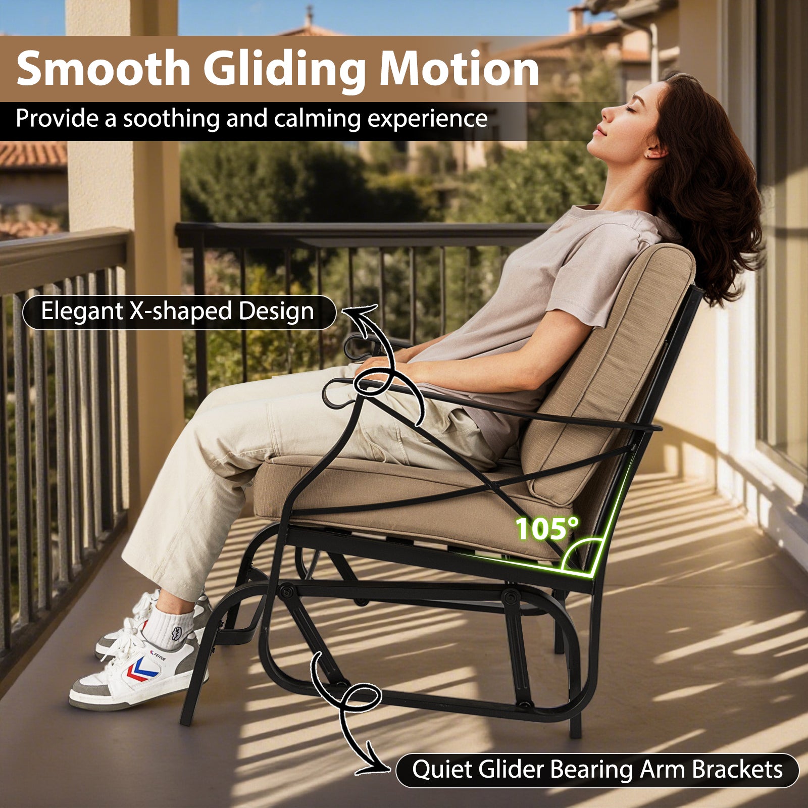 Patio Glider Rocking Chair with Metal Frame and Thick Cushions, Brown Patio Rocking Chairs & Gliders at Gallery Canada