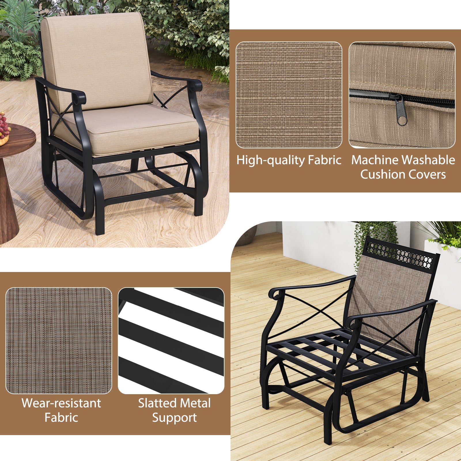 Patio Glider Rocking Chair with Metal Frame and Thick Cushions, Brown Patio Rocking Chairs & Gliders at Gallery Canada