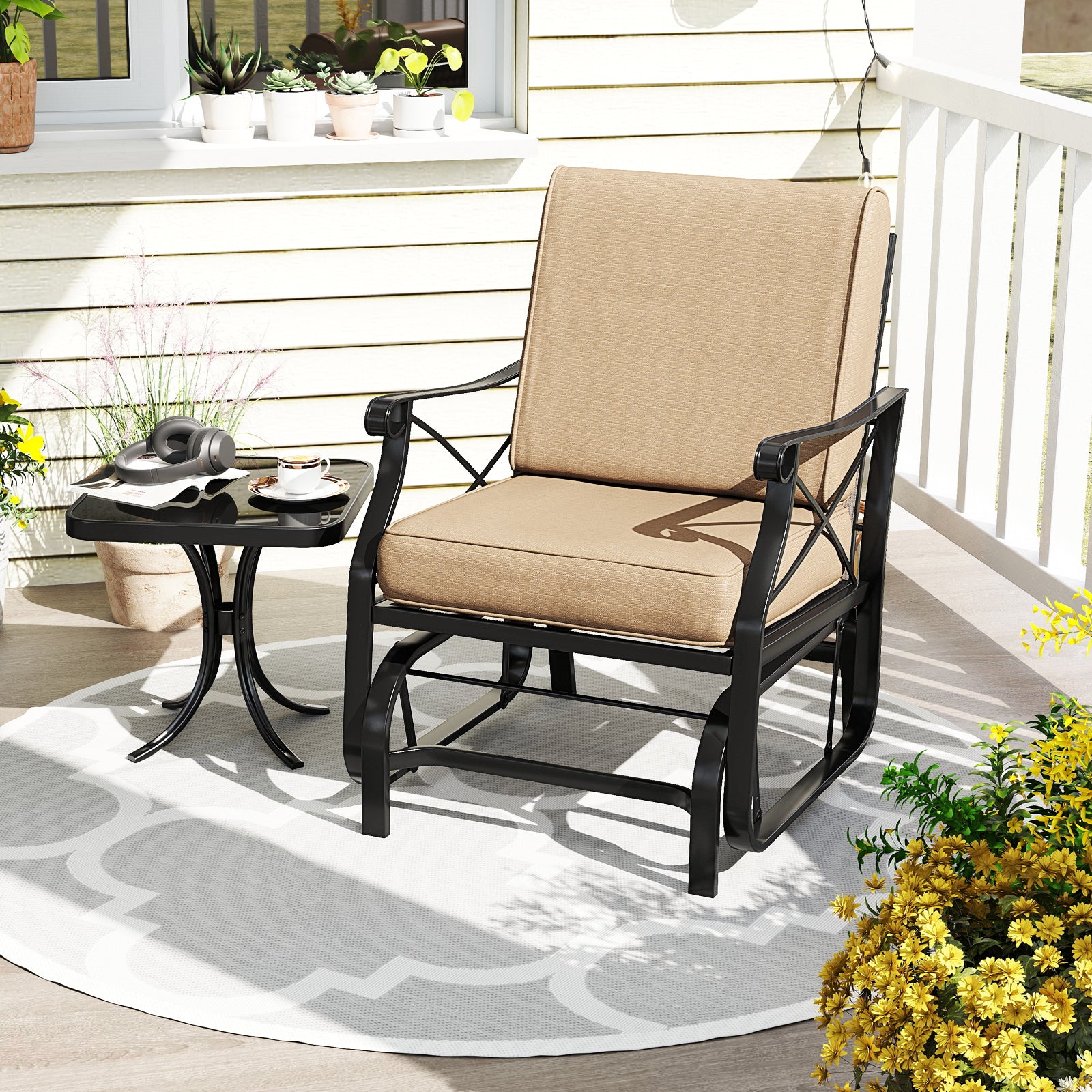 Patio Glider Rocking Chair with Metal Frame and Thick Cushions, Brown Patio Rocking Chairs & Gliders at Gallery Canada