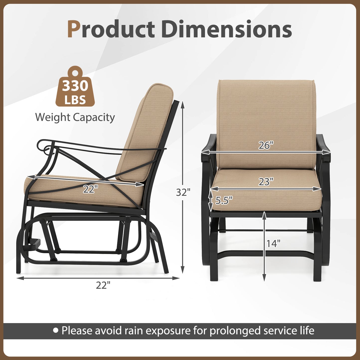 Patio Glider Rocking Chair with Metal Frame and Thick Cushions, Brown Patio Rocking Chairs & Gliders at Gallery Canada