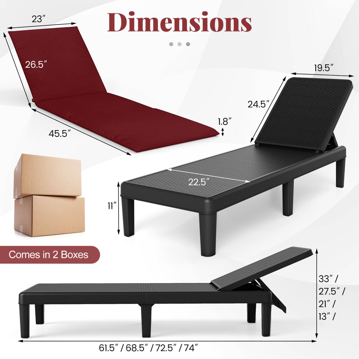 Patio Lounge Chair, 3-Position Adjustable Backrest, Red Outdoor Chaise Lounges at Gallery Canada