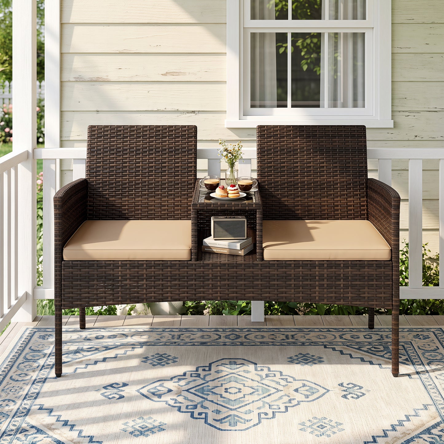 Ensemble patio causeuse en osier 2 places, marron