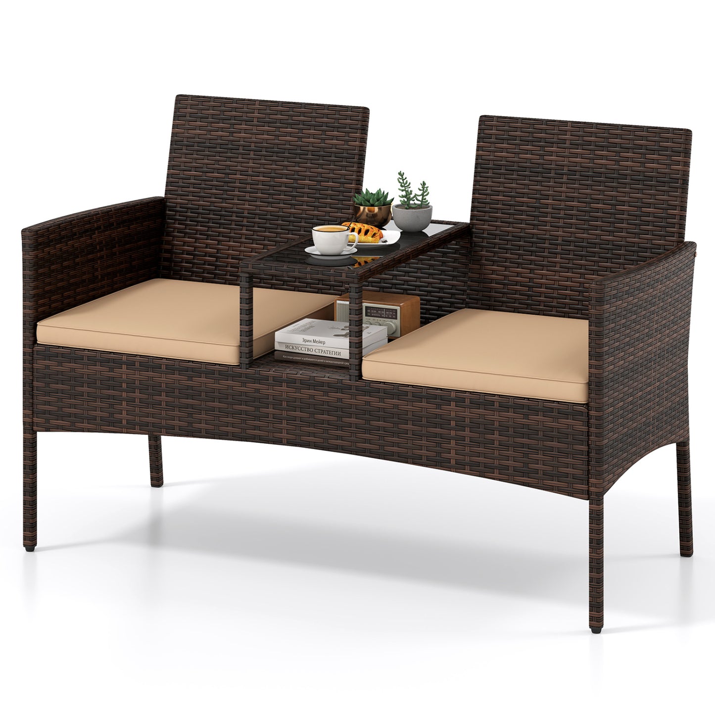 Ensemble patio causeuse en osier 2 places, marron