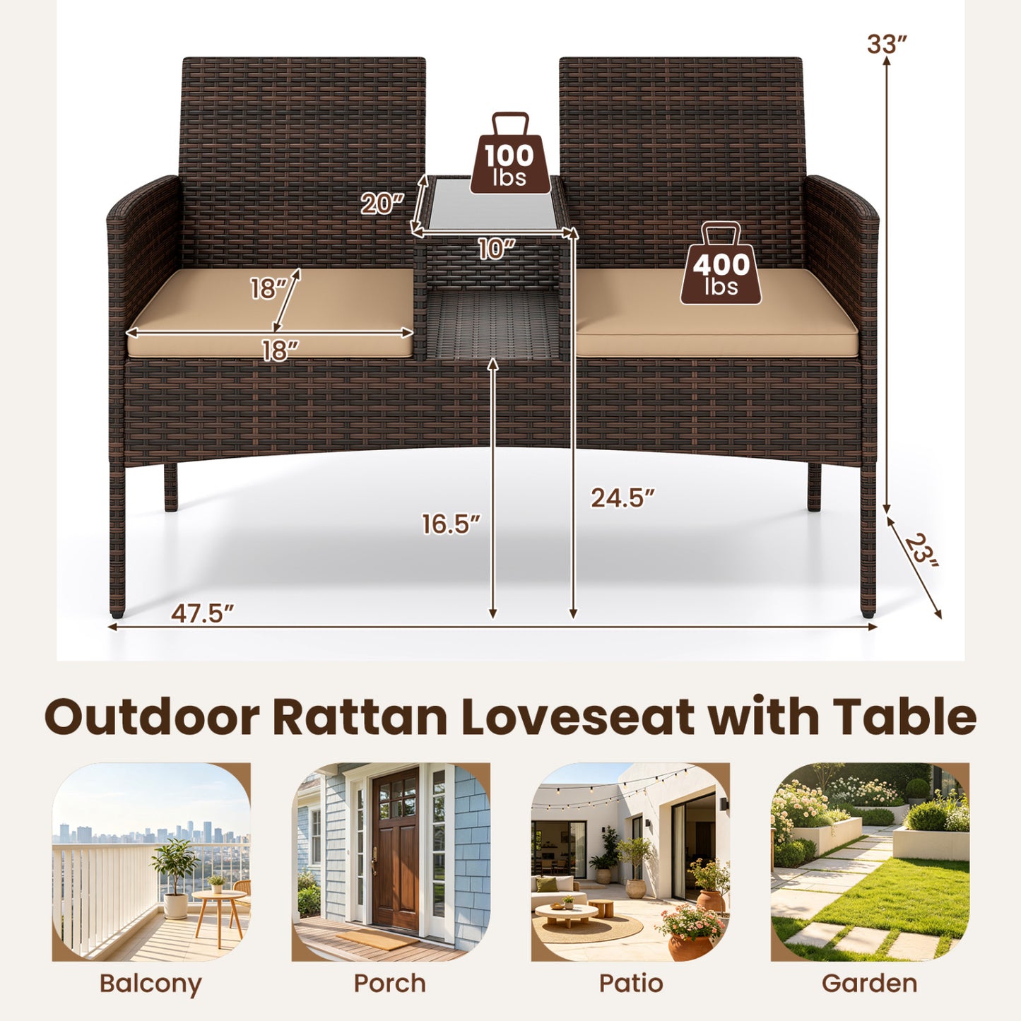 Ensemble patio causeuse en osier 2 places, marron