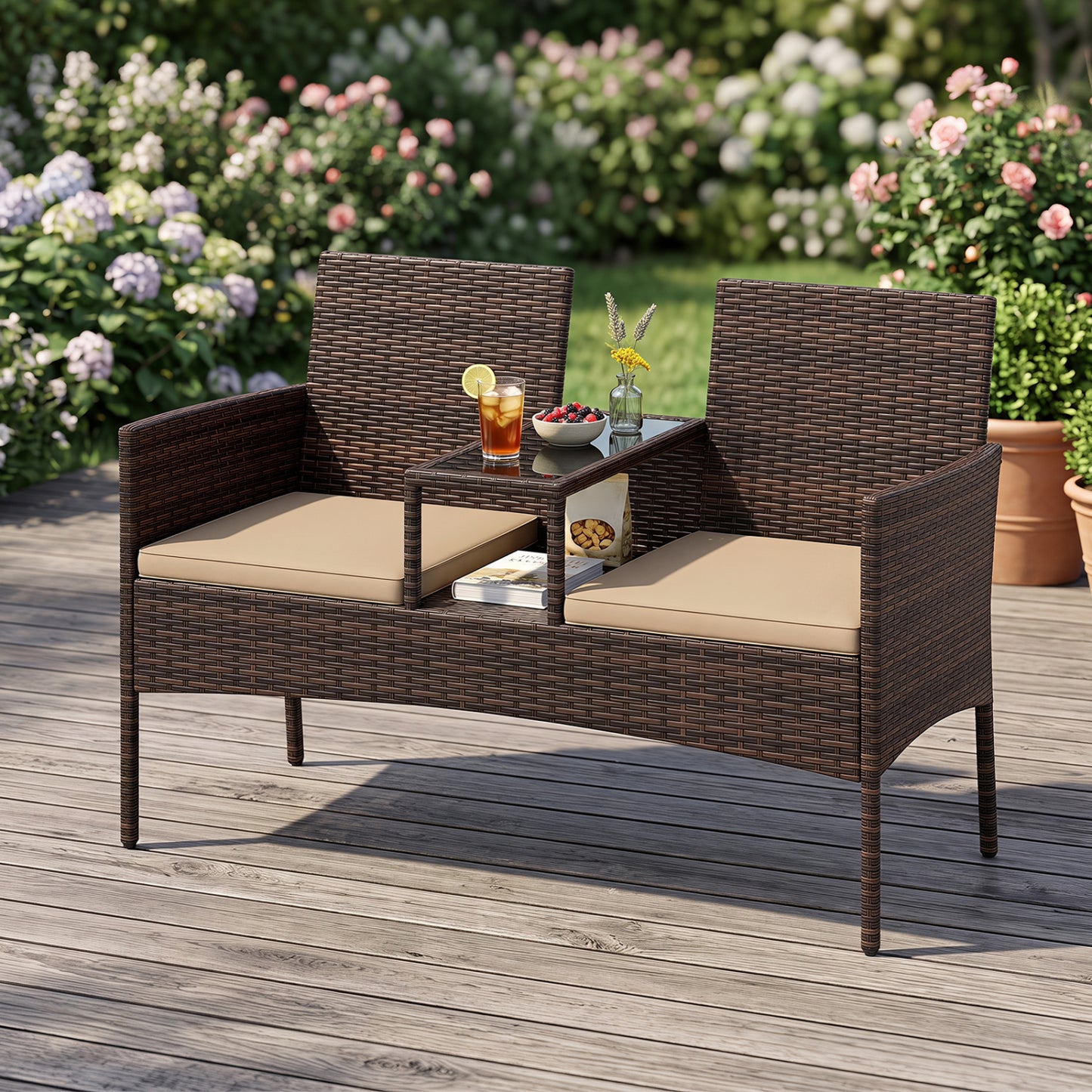 Ensemble patio causeuse en osier 2 places, marron