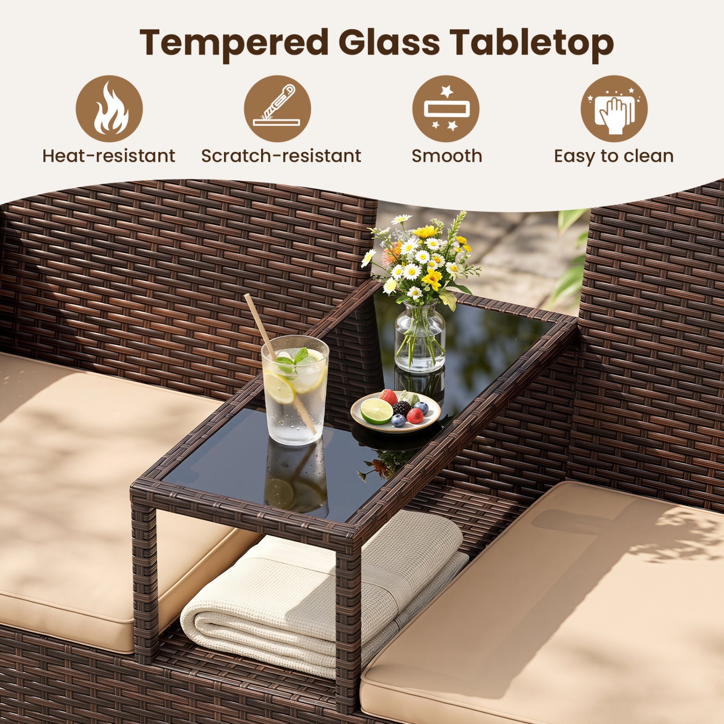 Ensemble patio causeuse en osier 2 places, marron