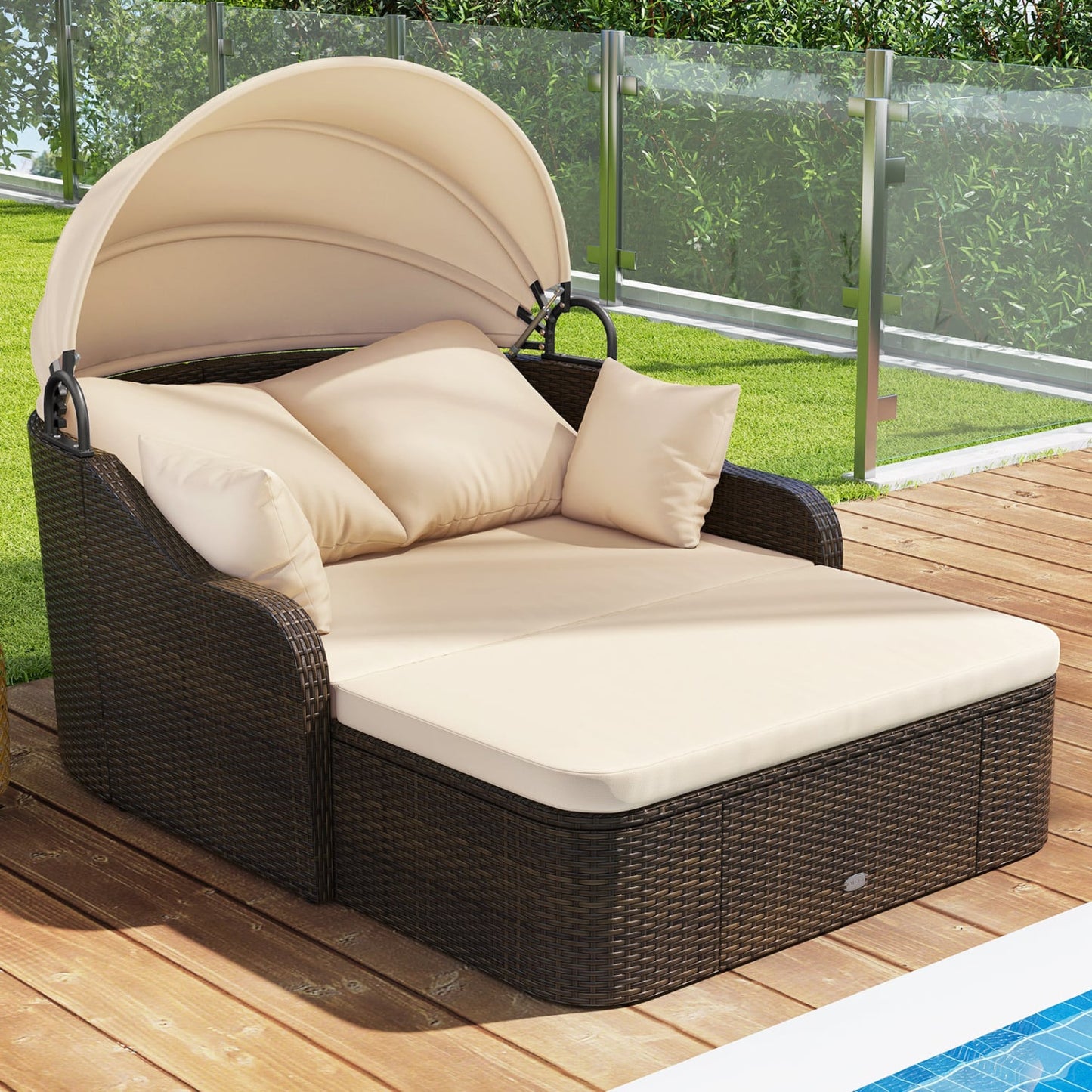 Patio PE Rattan Daybed, Retractable Canopy, Soft Cushions, Beige Outdoor Sectionals at Gallery Canada